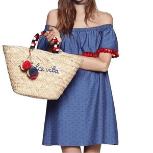 Absolutely Adorable Cooper and Ella Blue & Red swiss dot off the shoulder dress